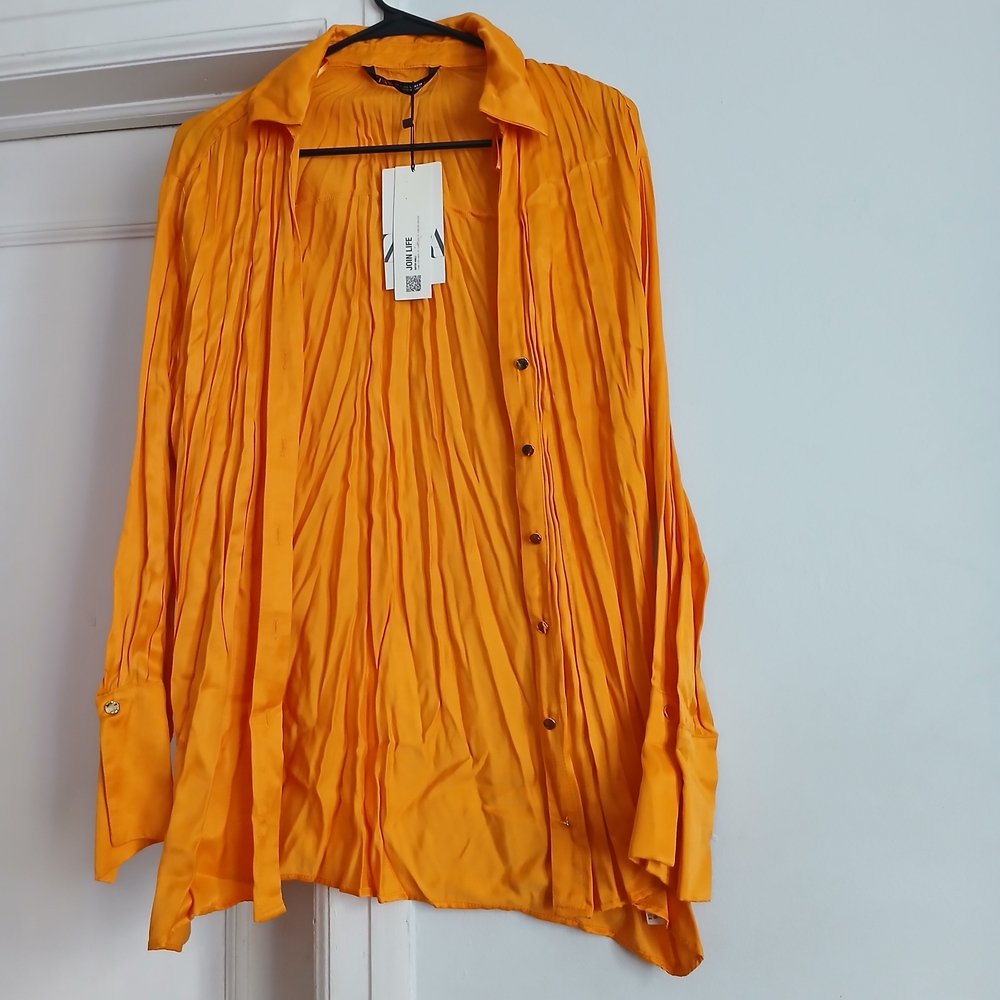 Zara Men's Vibrant Orange Pleated Button-Down Shirt
